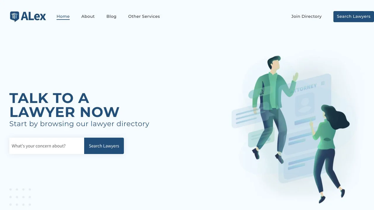 ALex homepage with lawyer directory search