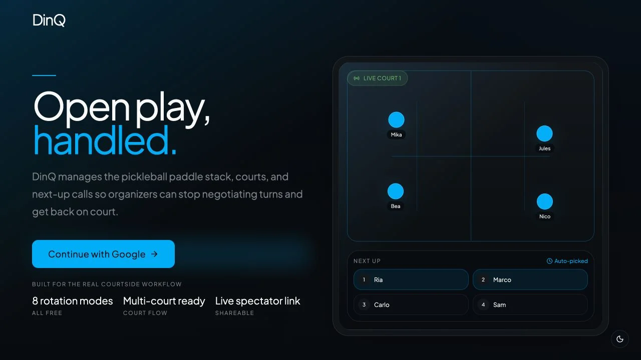 DinQ landing page with Open play, handled headline and a court rotation preview
