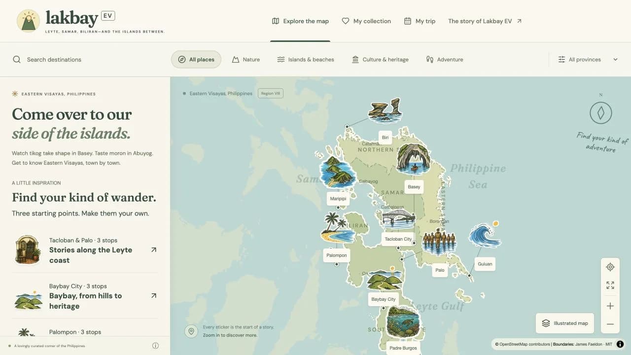 Lakbay EV destination explorer with an illustrated map of Eastern Visayas and local attraction stickers